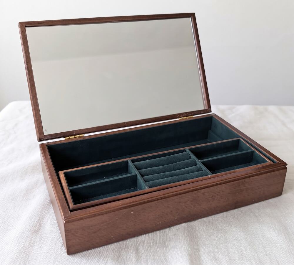 Vintage Mele Jewelry Box, Burl Look, Mirror Lid, Green Lining, Dark Academia